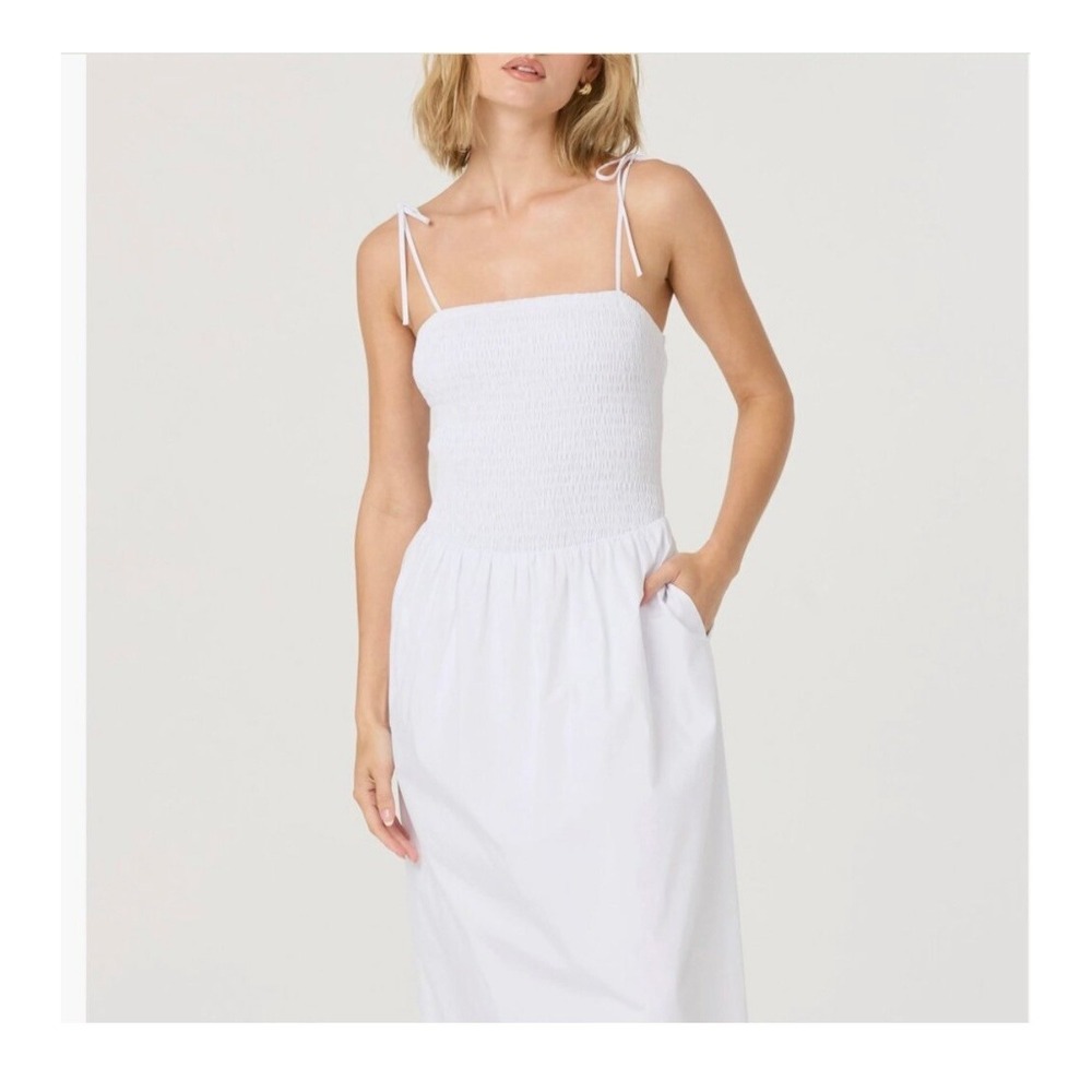 ASTR The Label White Smocked Cotton Midi Dress Tie Straps Womens M - Picture 4 of 10